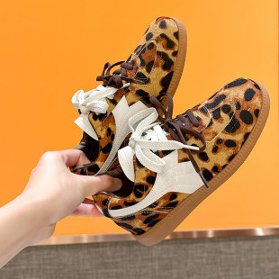 2025 New 6cm Height Increasing Horse Hair Leopard Print German Training Shoes Women's Spring Classic Retro Double Shoelace Casual Sneakers