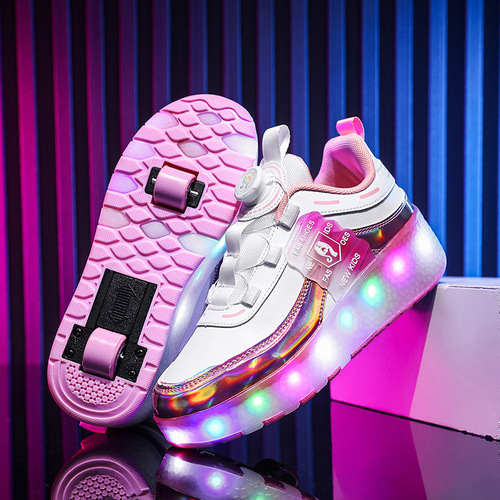 2025 Cross-border Children's Walking Shoes with Dual Wheels for Girls, Breathable LED Light-Up Shoes, USB Charging Outdoor Sports Skating Shoes