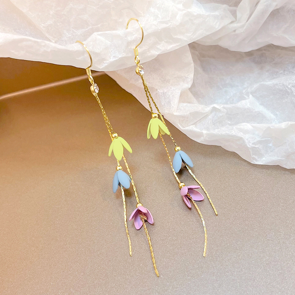 Long Fringe Morandi Color Flower Ear Hook Women's Pendant Color-matching Simple Fresh Sweet Girl's Earrings