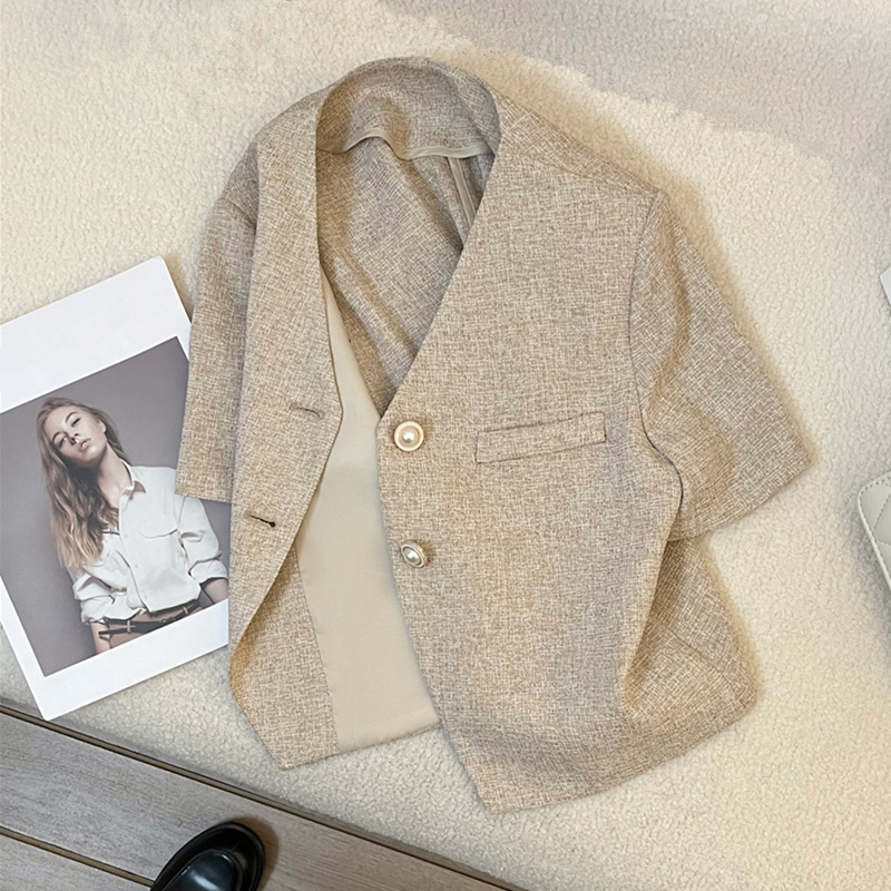 Light Brown Short-Sleeved Small Fragrant Style Suit Jacket Women's Thin 2025 Summer New Elegant Lady Style Short Top