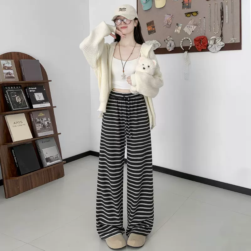 慵懒风条纹裤子春秋女高腰宽松休闲直筒遛弯裤垂感显瘦针织阔腿裤