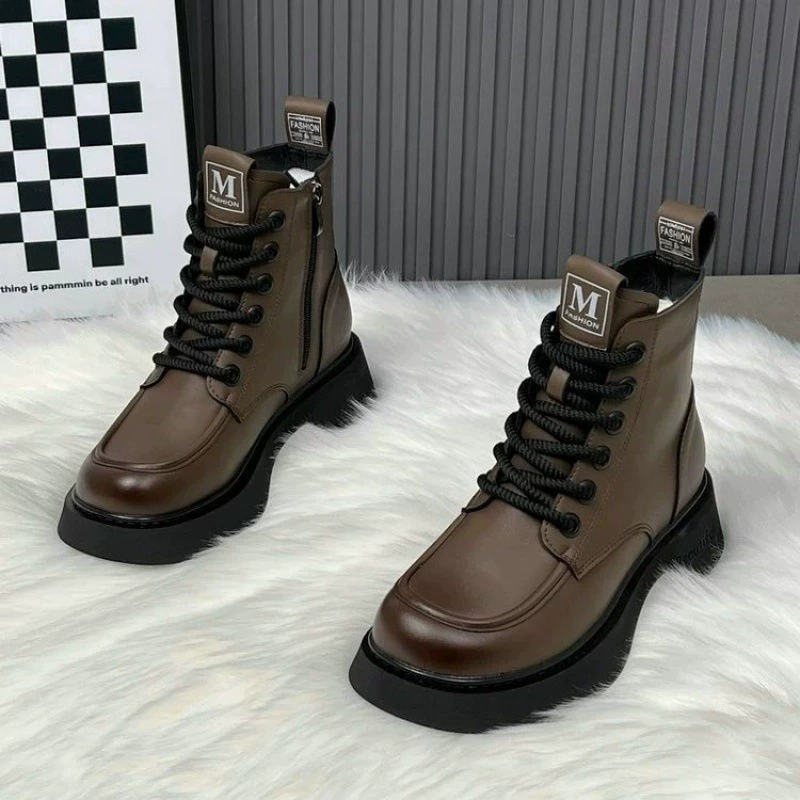 Ботинки Martens‑style низкие с тёплой подкладкой, противоскользящая платформа, чёрные/коричневые, 35–40