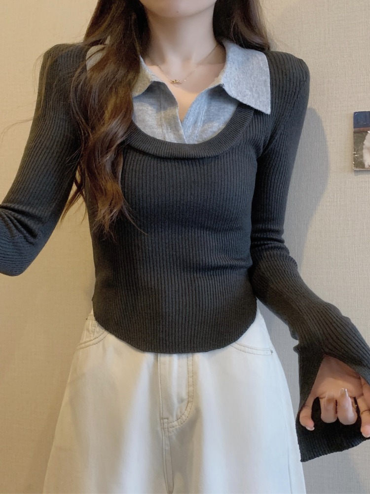 플러스 사이즈 가짜 2 피스 니트베이스 셔츠 여성의 가을과 겨울 슬림-세련된 짧은 폴로 칼라 탑 통통녀