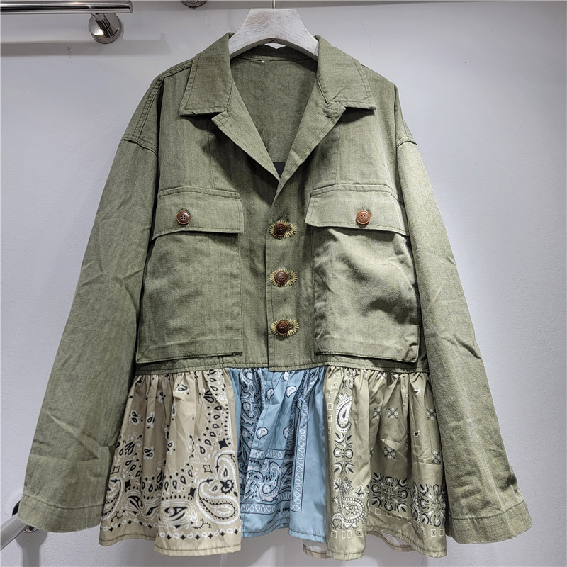 2025 otoño nuevo ejército verde empalme flor de caju color contraste chaqueta denim retro diseño sensación de nicho