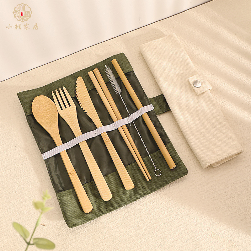 Wholesale bamboo knife, fork and spoon set straw cloth bag seven-piece outdoor travel portable tableware set logo Wholesale bamboo knife, fork and spoon set straw cloth bag seven-piece outdoor travel portable tableware set logo