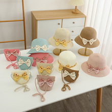 儿童草帽韩国时尚公主蝴蝶结帽子萌宝包包套装女孩沙滩遮阳帽批发