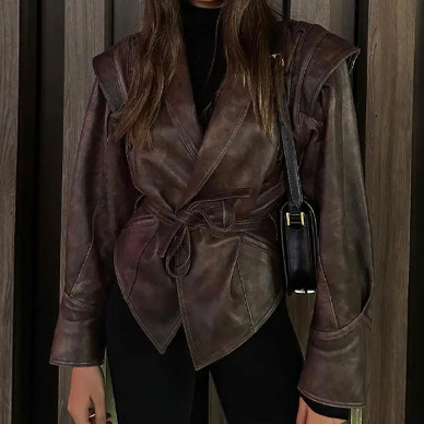 European and American Cross-Border 2026 Fashion Retro Lapel Tie Long-Sleeve Leather Jacket for Women