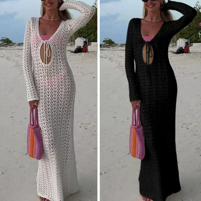 跨境速卖通沙滩度假深V绑带镂空修身长袖连衣裙沙滩防晒罩衫长裙