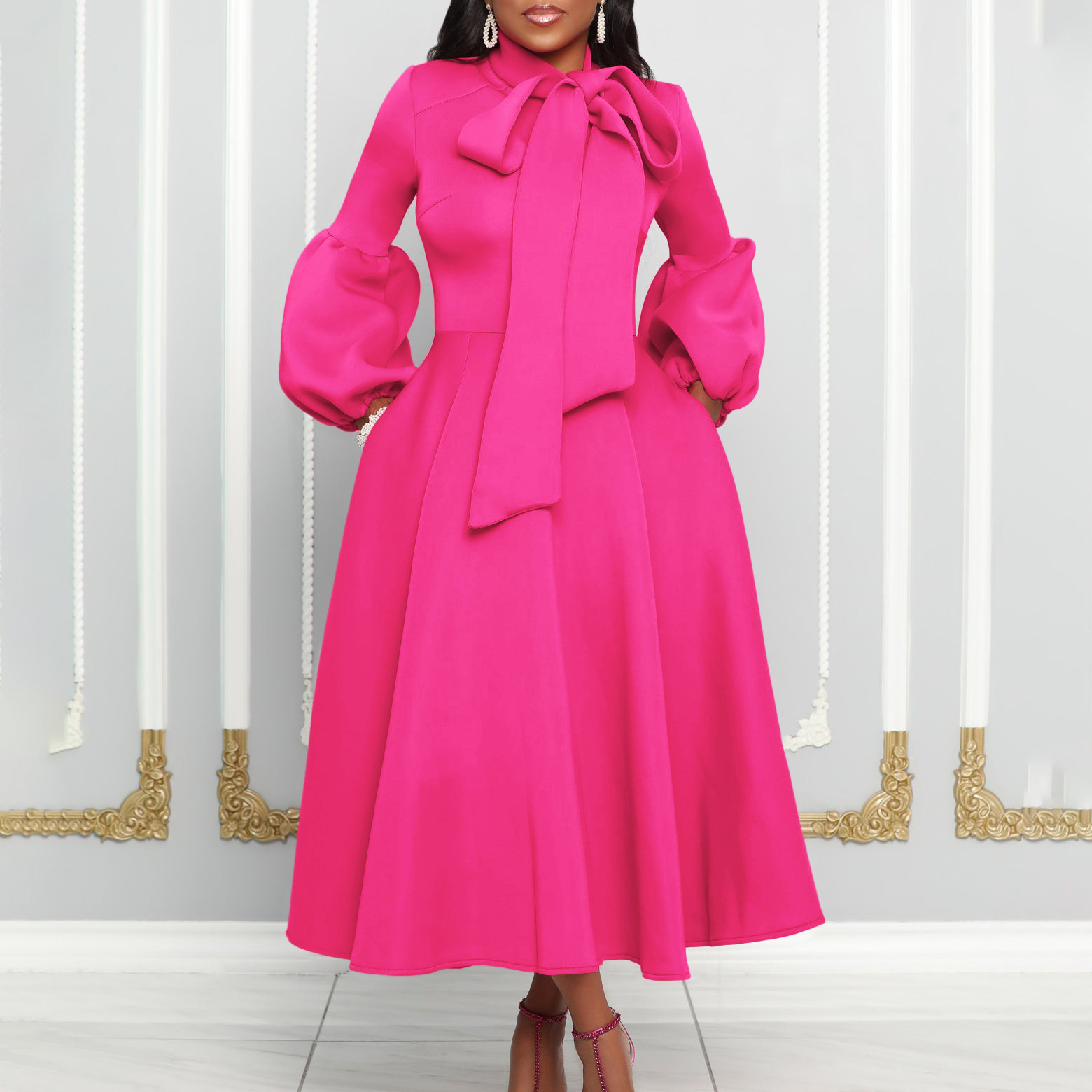 Women's Clothing women's spring new style puff sleeves bow tie large skirt high waist dress dress_voghion.com