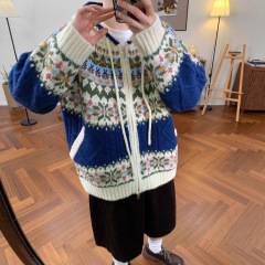 韩版费尔岛软糯提花插肩袖双拉链保暖毛衣开衫女秋季宽松潮