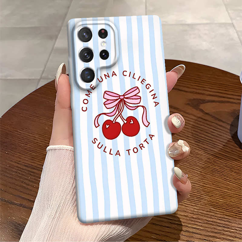 外贸热销ins简约条纹樱桃手机壳适用GalaxyS23ultra菲林S25全包硬