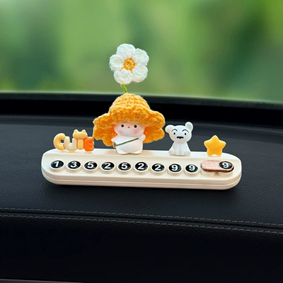 Cute Zodiac Animal Figurine Car Temporary Parking Phone Number Plate Car Moving License Plate Car Interior Decoration Ornament (Nömrəli dayanma kartı) - cutewhite-flower-yellow-hat-backpack-rabbitpuppystar-white-aromatherapy-number-tag