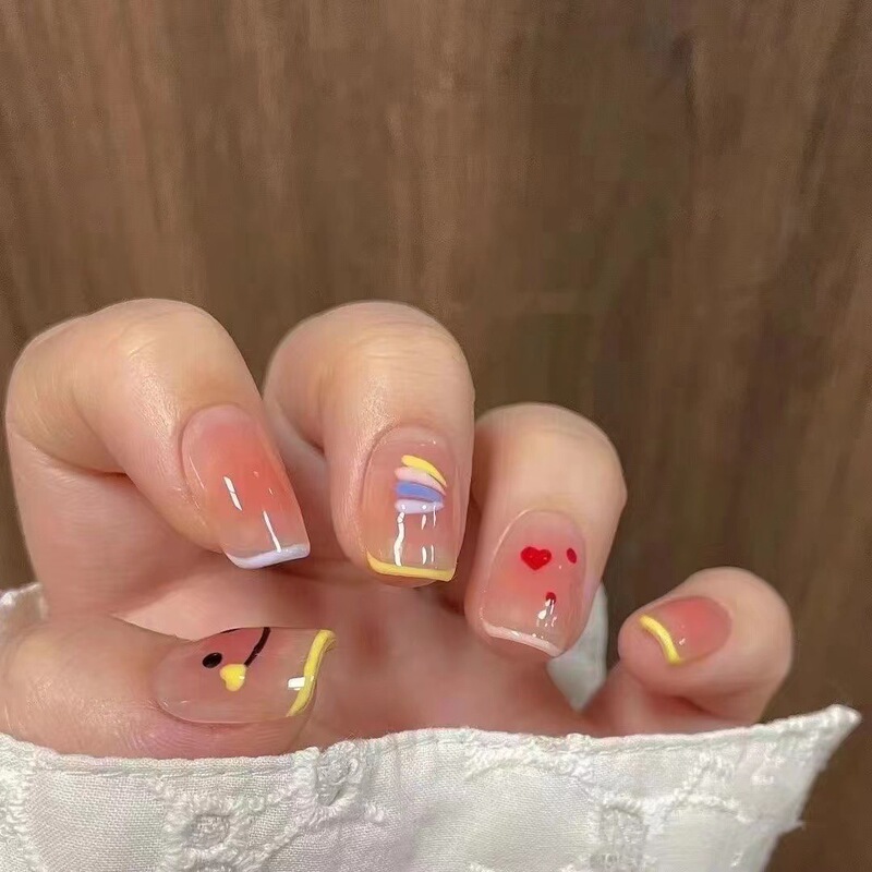 Summer handmade manicure wear nail Rainbow cute peach blush smiley face wearable removable nail patch