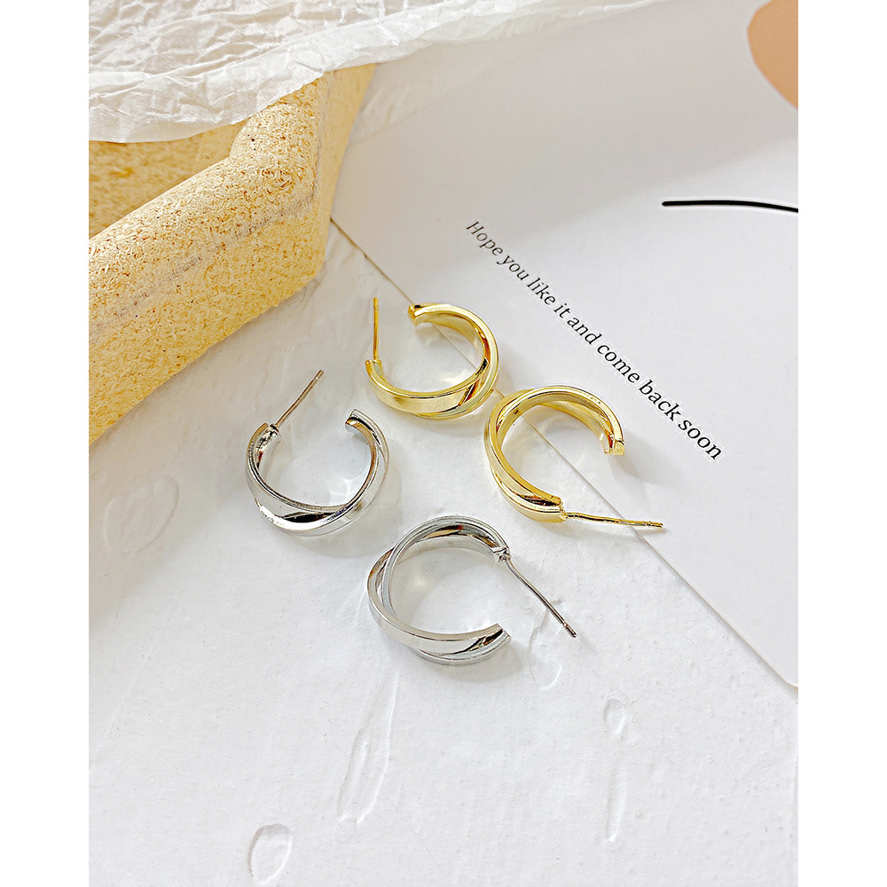 New Semi-circular C-shaped Simple Double-layer Crossed Copper Earrings display picture 5
