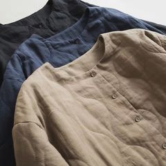竿階日系通勤シンプル純ラミー麻挟み綿キルティング文芸丸襟ゆるい保温薄い綿服コート女性