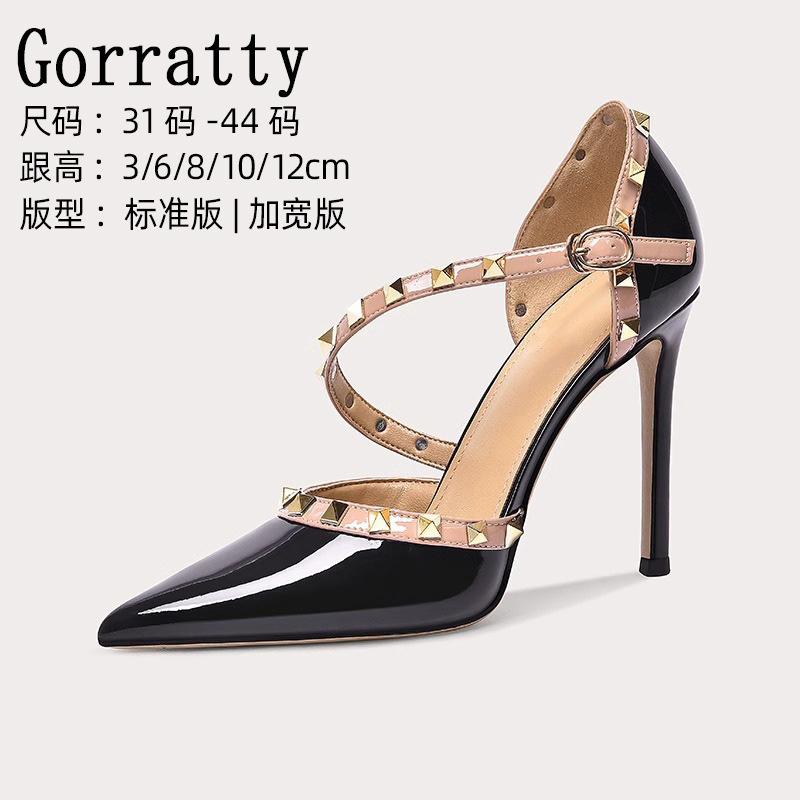 Fat Widened Rivet Black High Heels Women's Royal Sister Style Sexy Pointed Toe Baotou Sandals plus size Women's Shoes 41 to 44