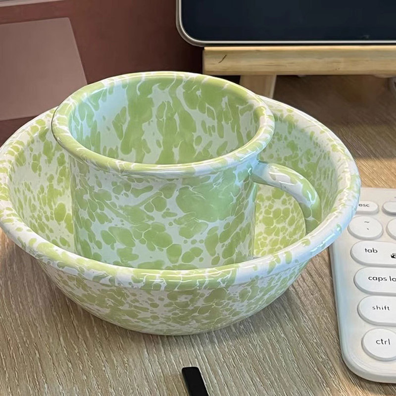 Korean Household Splash-Ink Enamel Dish Camping Style Water Cup Retro Avocado Fruit Enamel Bowl Three-Piece Mug Set