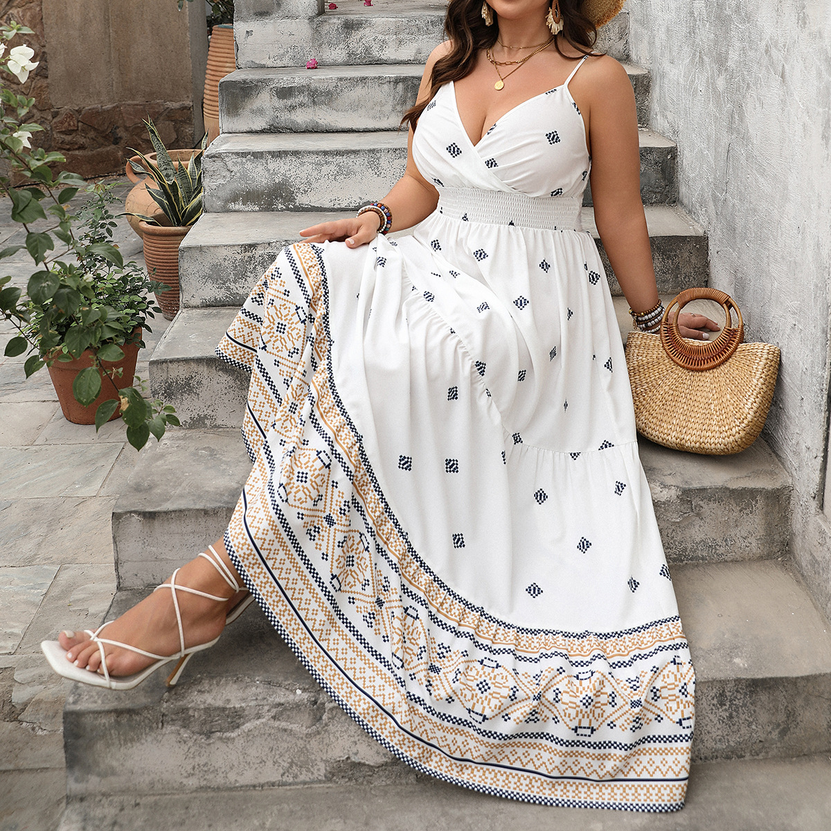Estación independiente transfronteriza Vestido europeo y americano Ropa de mujer Primavera/Verano 2025 Vestido de tirantes de cintura con estampado de temperamento de comercio exterior