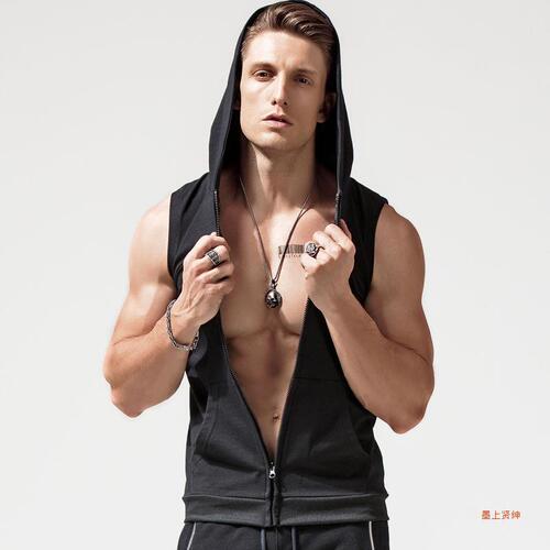 Men's sleeveless hoodie with hood, sports top, cap sleeve, vest, T-shirt, thin spring and autumn edition