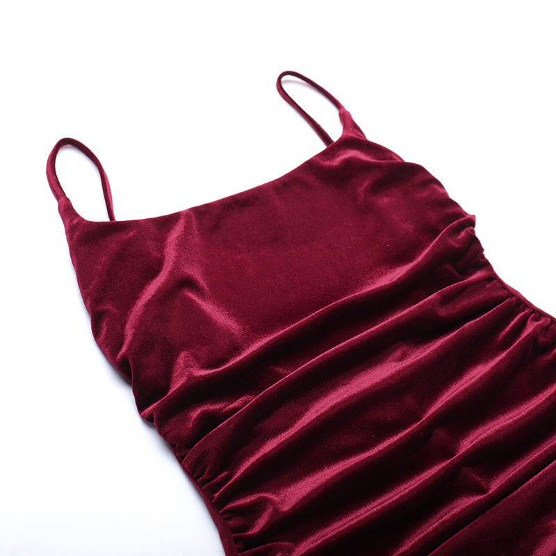 Autumn Socialite Sexy Velvet Pleated Fitted Waist Backless Sling Dress