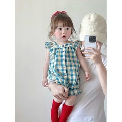 女の赤ちゃん服、夏のチェック柄の生後1ヶ月のジャンプスーツ、ベビー夏スタイルのベビー服、幼児スカート、夏服