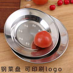 加厚不鏽鋼盤子圓盤平盤食堂餐盤家用裝菜盤深盤燒烤盤餐盤水餃盤
