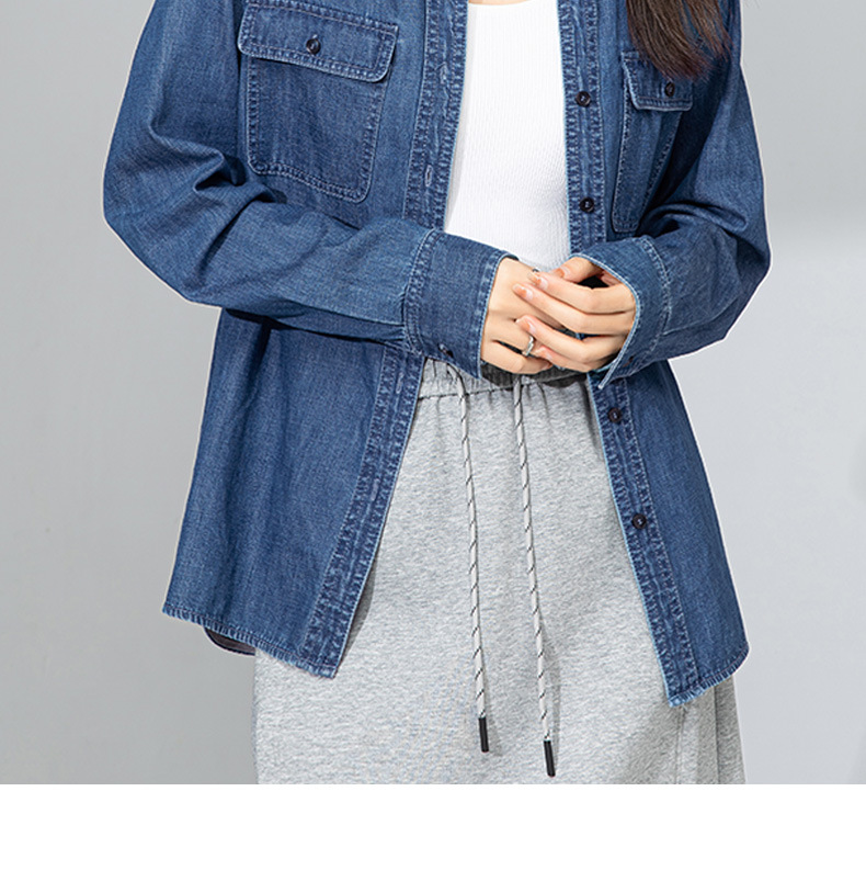 Áo sơ mi denim phong cách Hồng Kông cổ điển dáng rộng, mặc nhiều lớp — màu xanh chi tiết 6