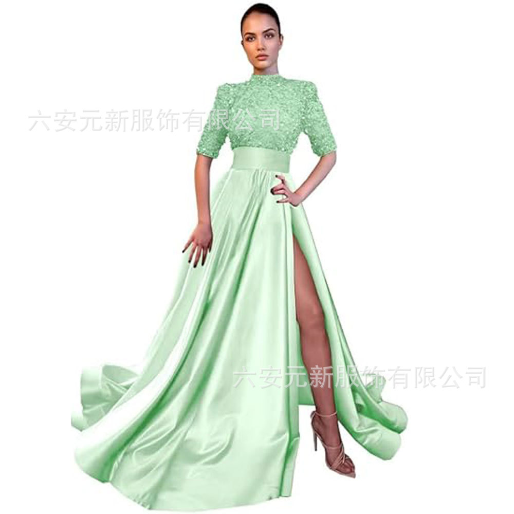 Europeo y americano Amazon AliExpress vestido de fiesta media manga lentejuelas satén vestido de noche A-line vestido de fiesta de hendidura image 24