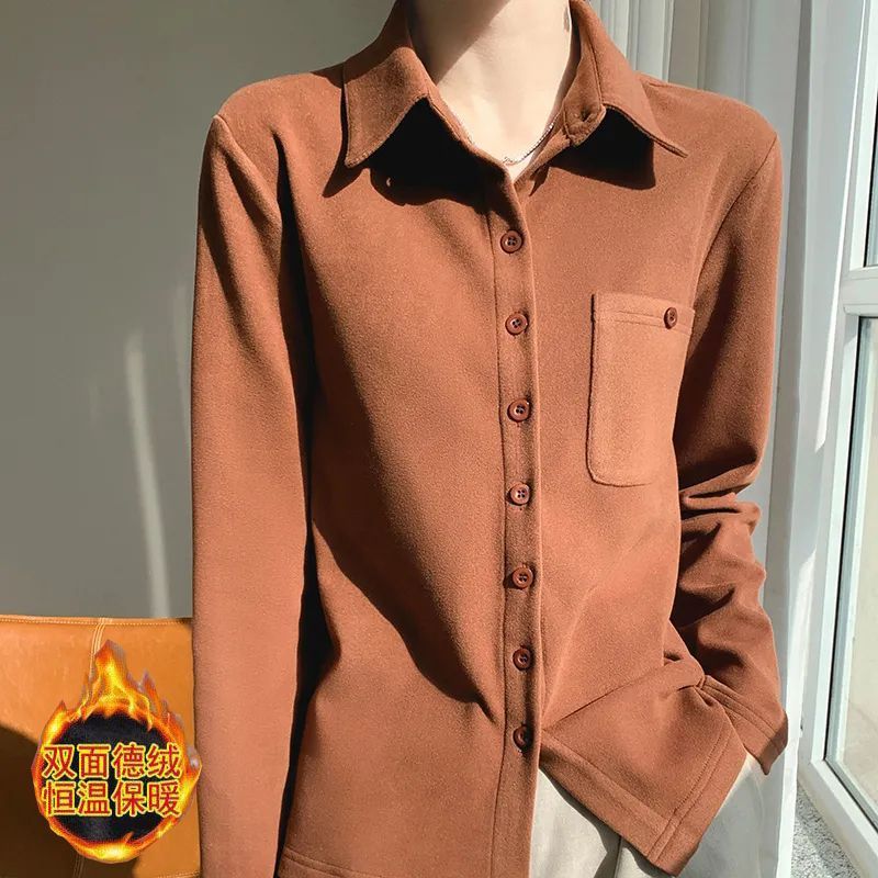 Double-Sided Velvet Shirt for Women in Autumn and Winter Thickeneded Layered Long-Sleeved Shirt Pure Color Warm Brushed Bottoming Fleece-Lined Top Double-Sided Velvet Shirt for Women in Autumn and Winter Thickeneded Layered Long-Sleeved Shirt Pure Color Warm Brushed Bottoming Fleece-Lined Top