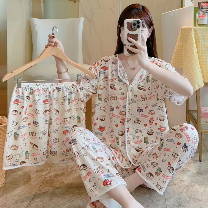 新しいカーディガンのパジャマの女性の半袖のズボンの3つのセットの漫画のかわいいレジャーの家の服の四季は外で着ることができます。|undefined