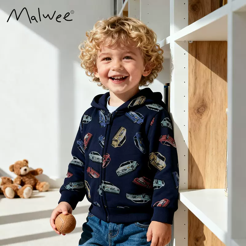 跨境malwee男童卫衣外套秋冬新款连帽衫欧美中小童拉链长袖冬上衣