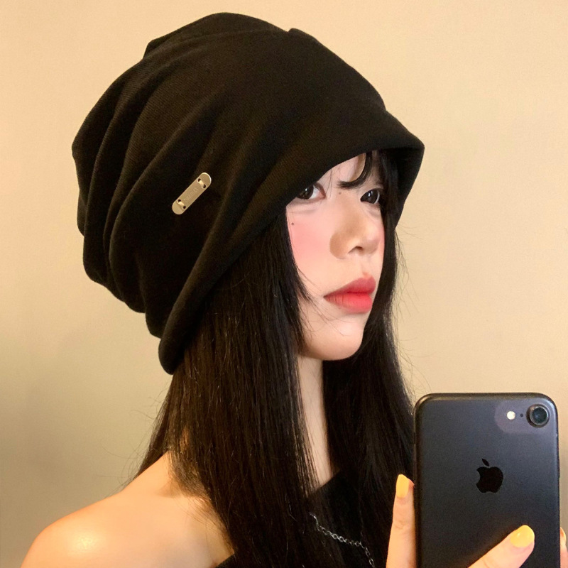 日系复古黑色堆堆帽女秋冬韩版百搭显脸小包头帽大头围宽松冷帽子|undefined