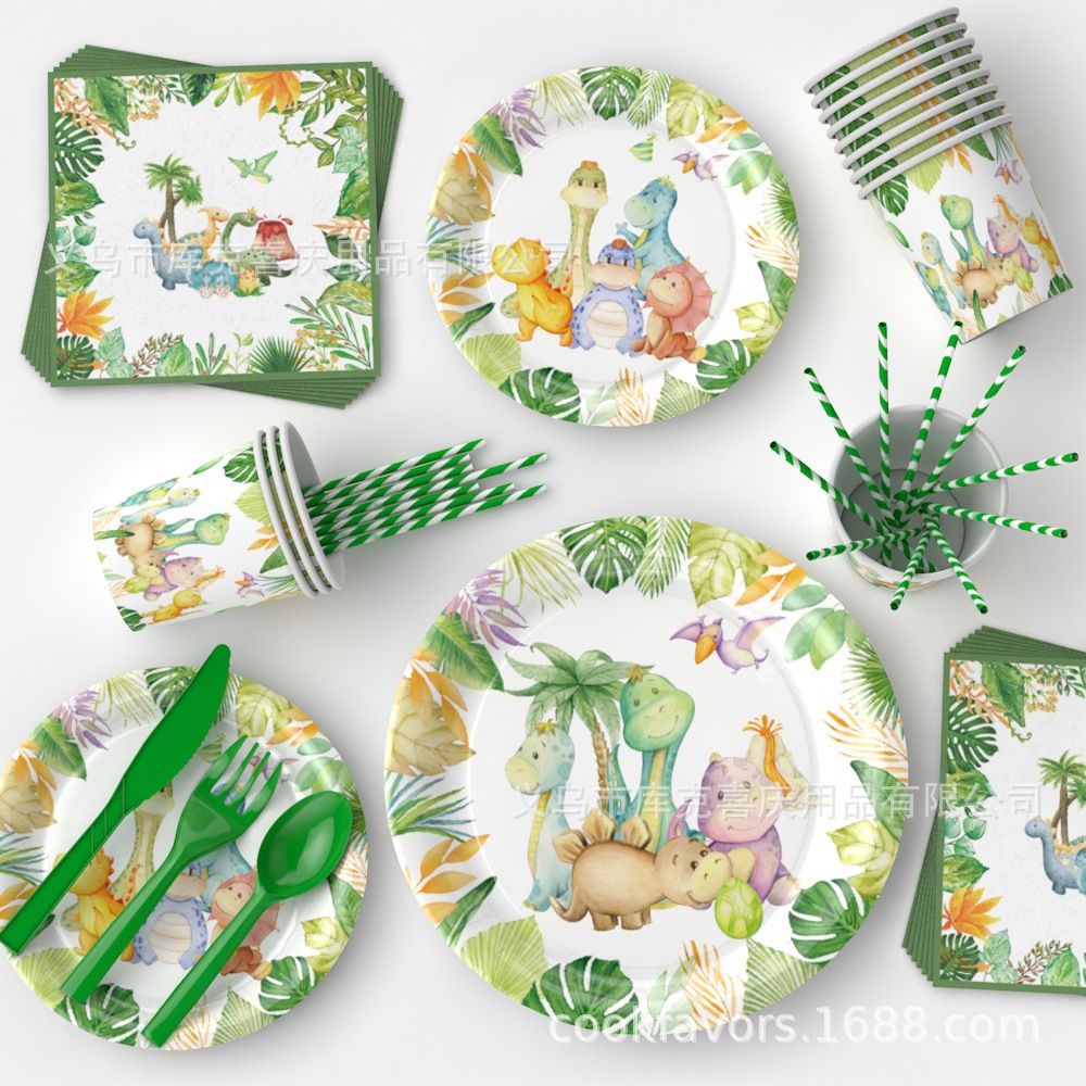 Venta caliente acuarela tema de dinosaurio juego de vajilla de fiesta para niños cumpleaños bandeja de papel taza de papel mantel suministros de decoración