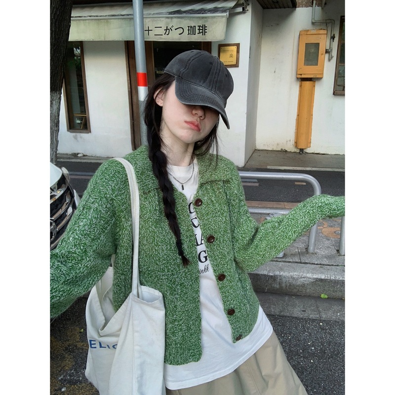 铭海秋季韩版polo领纽扣针织开衫宽松休闲软糯毛衣女新款外套上衣|undefined