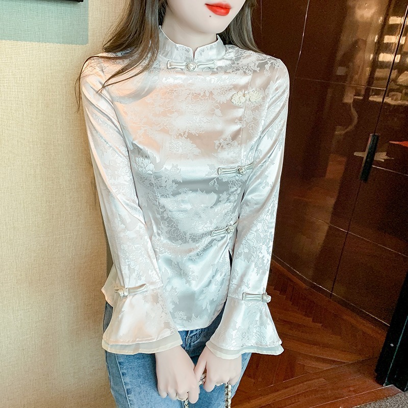 長袖中国風ボタンシャツ 2025 春と秋の新スタイル中国風レトロシャツ女性のジャカードスリムトップ|undefined