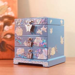 Mother-Of-Pearl Lacquerware Three-Layer Jewelry Box Wooden Handmade Jewelry Storage Box Bride Wedding Gift Dowry Makeup Box
