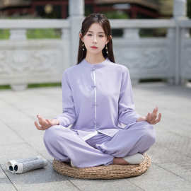 新款夏秋款新中式太极服套装改良晨练禅服练功服两件套粉红色欧美