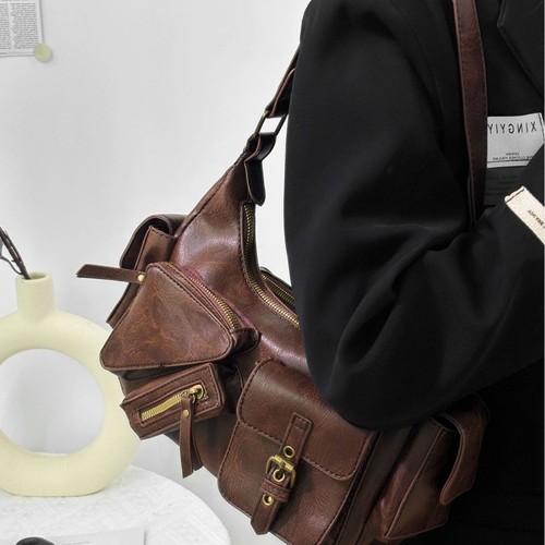 Large Capacity Shoulder Bag for Women, Korean Version, Ins Style, Trendy, Multi-Pocket, Retro tote motorbike bag