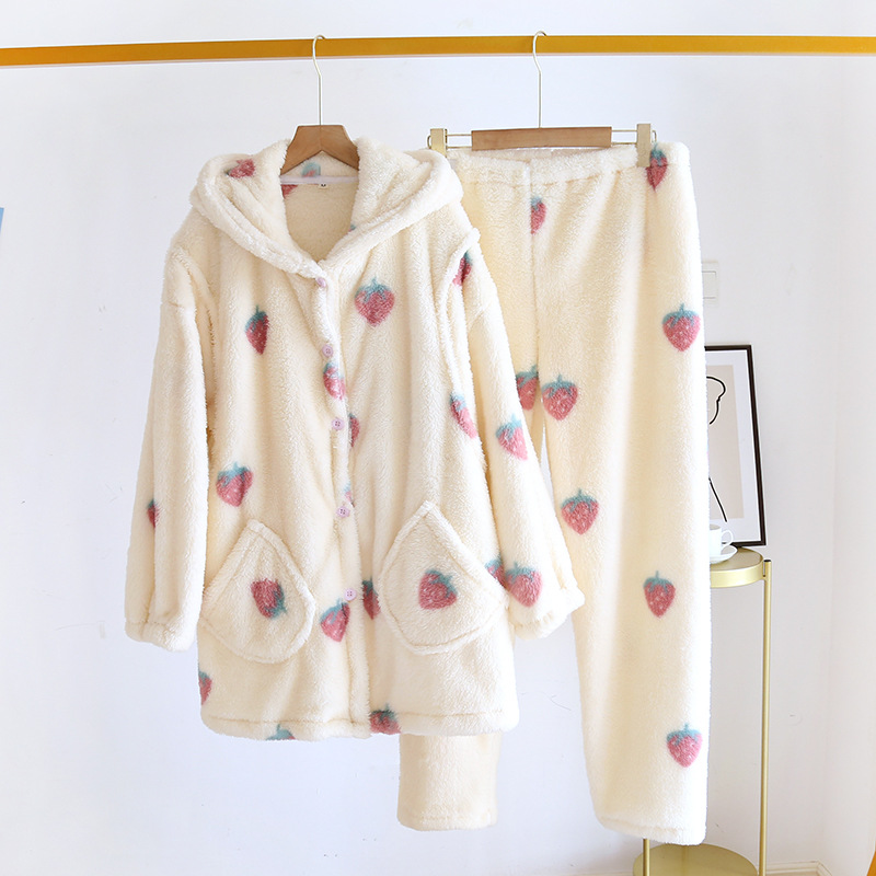 ZFQベージュイチゴ-フランネルプリント連帽月子服