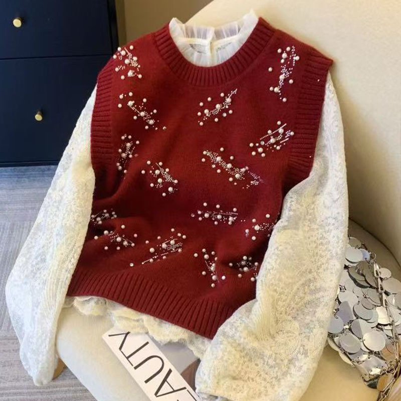 Spring and Autumn New Heavy Beaded Knitted Sweater Vest Large Size Women's Slim Layered Sweater Vest Top Trendy