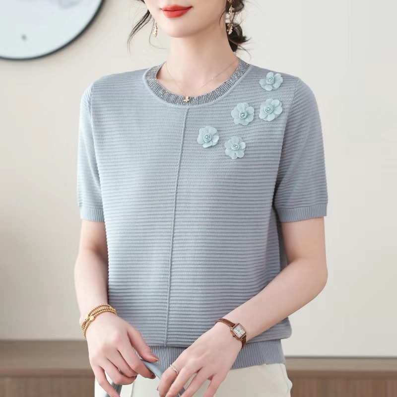 中年女性の夏トップス、ママの半袖セーター、ラウンドネックTシャツ、ゆったりとしたおしゃれな義母のシャツ、婦人服|undefined