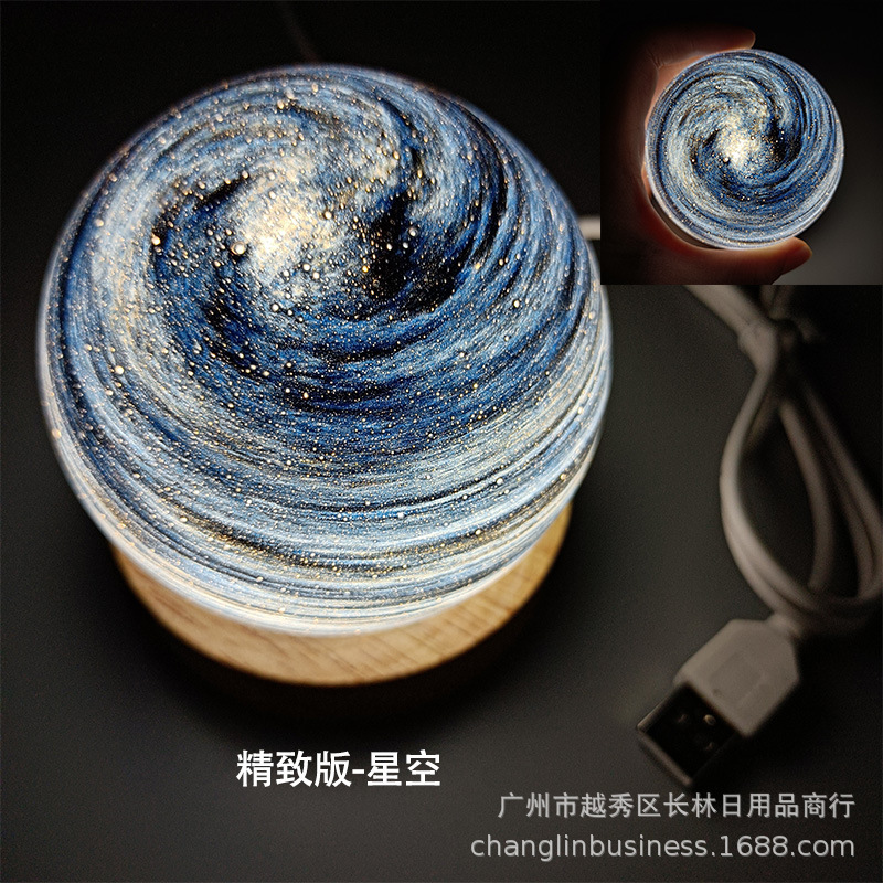 跨境星球灯星空灯极光台灯罩一体暮光星球小夜灯创意原木床头灯礼|undefined
