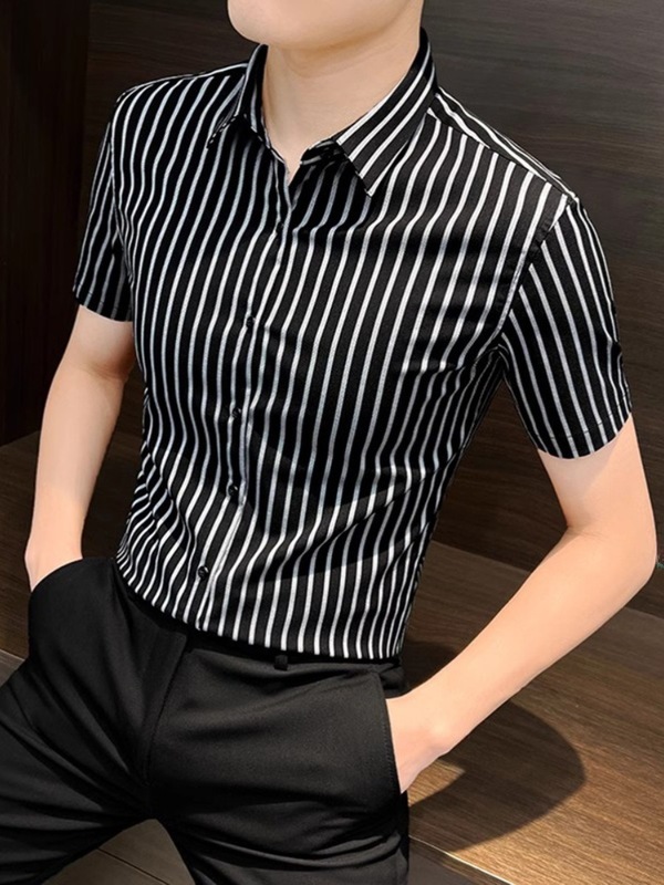 夏薄いハイエンドストライプ半袖アイスシルクシャツメンズ新しいファッショントレンディなブランド紳士服ビジネススリムシャツ|undefined