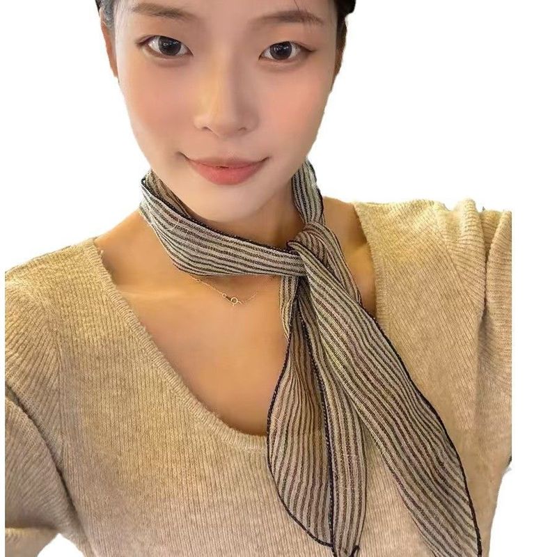 出口日韩细条纹窄小透气文艺丝巾女春秋季百搭装饰护颈小领巾发带|undefined