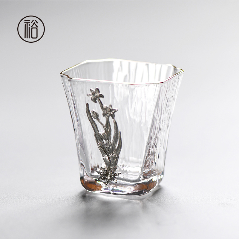 Juego de té de cristal creativo orquídea ciruela crisantemo de bambú taza de té de cristal estaño cuatro caballeros pintura de oro Kung Fu taza de té