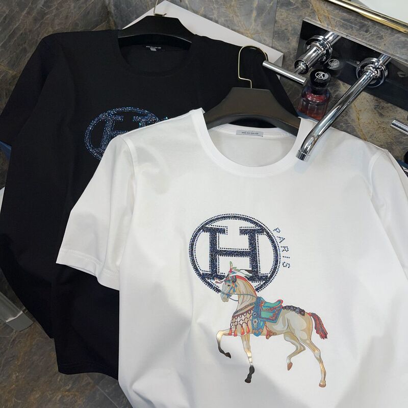 For men who love horses! Liquid ammonia SUPIMA combed cotton cool-touch short-sleeve T-shirt with rhinestone print, designer men's summer top