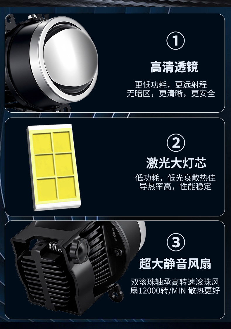 Source Factory Car Front Fog Light Modification 3inch Laser Fog Light Bi-Lens Led Three-Color Fog Light Bi-Lens