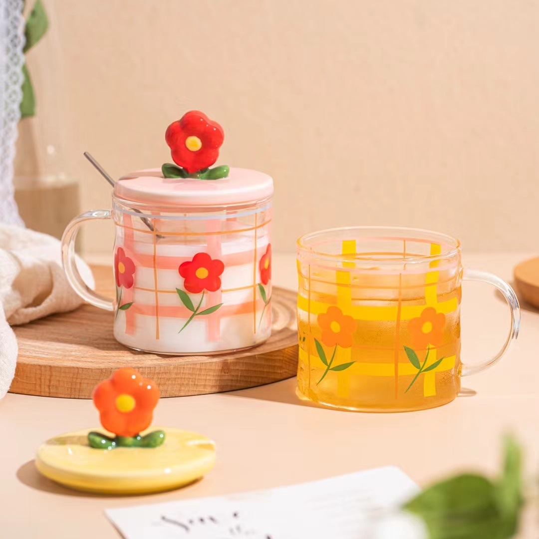 Creativo sol flor regalo personalizado vidrio 3D tridimensional beber taza con tapa cuchara chica Corazón de alta
