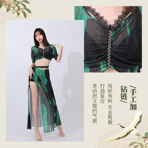  summer belly dance clothing skirt embroidered lace women's practice clothing suit diamond chain top skirt hot diamond dance clothing