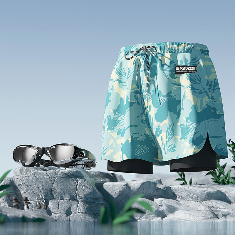 형광 녹색 프린트 + 수영 고글 [코 클립 및 귀마개 무료]